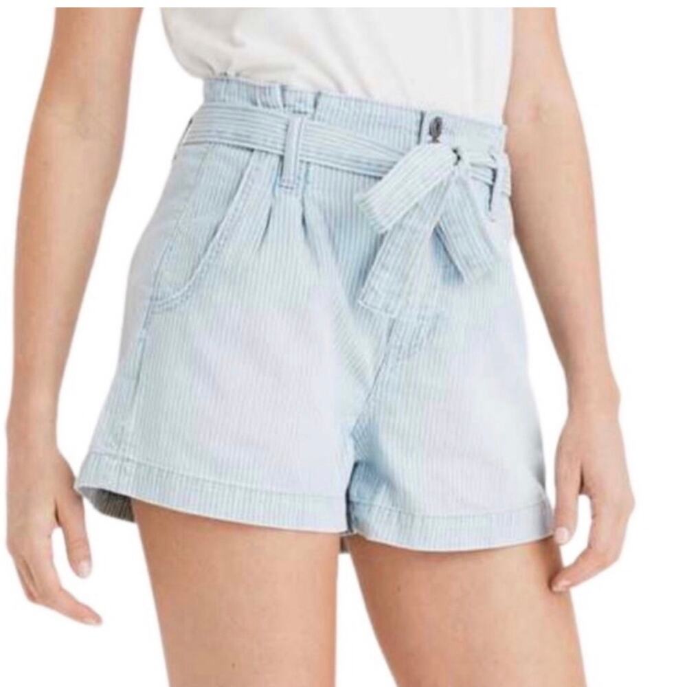 American Eagle Paperbag Belted Shorts Light Blue Railroad Stripe 8